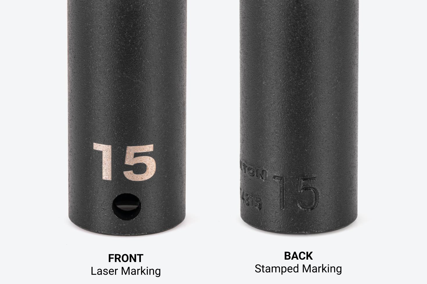 Images of the front and back of a 15 mm impact socket, showing the laser marking on the front and the stamped marking on the back