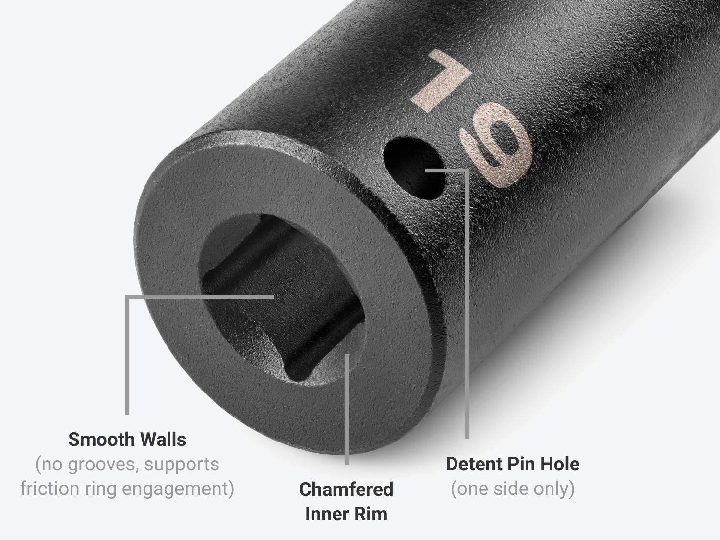 The square end of a 19 mm impact socket, with smooth walls, chamfered inner rim, and detent pin hole labeled