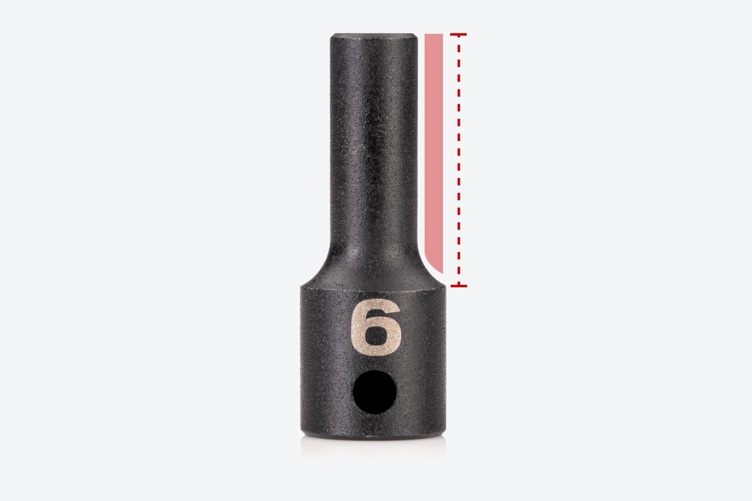 A line next to a 6 mm impact socket showing the fully stepped shoulders.