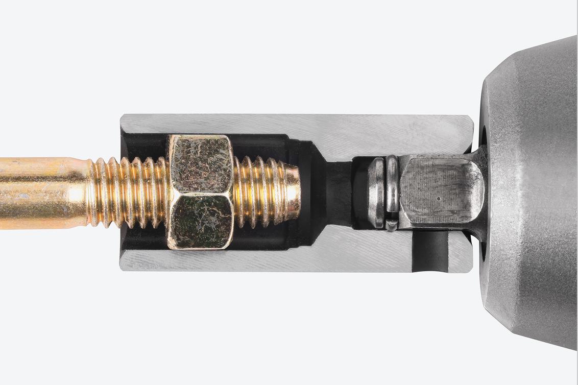 A semi-deep 6-point impact socket cut in half to show the full-length socket well