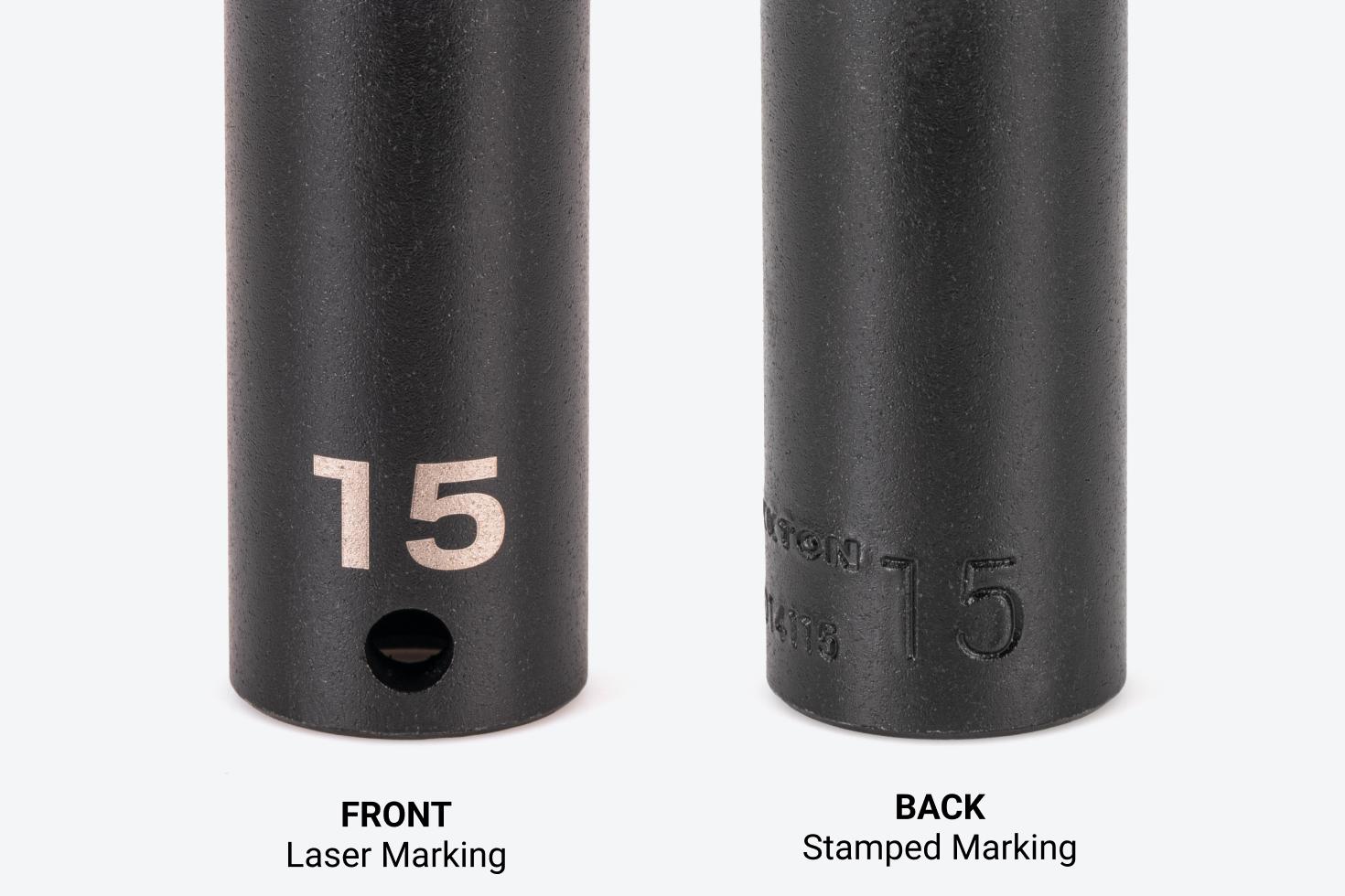 Images of the front and back of a 15 mm impact socket, showing the laser marking on the front and the stamped marking on the back