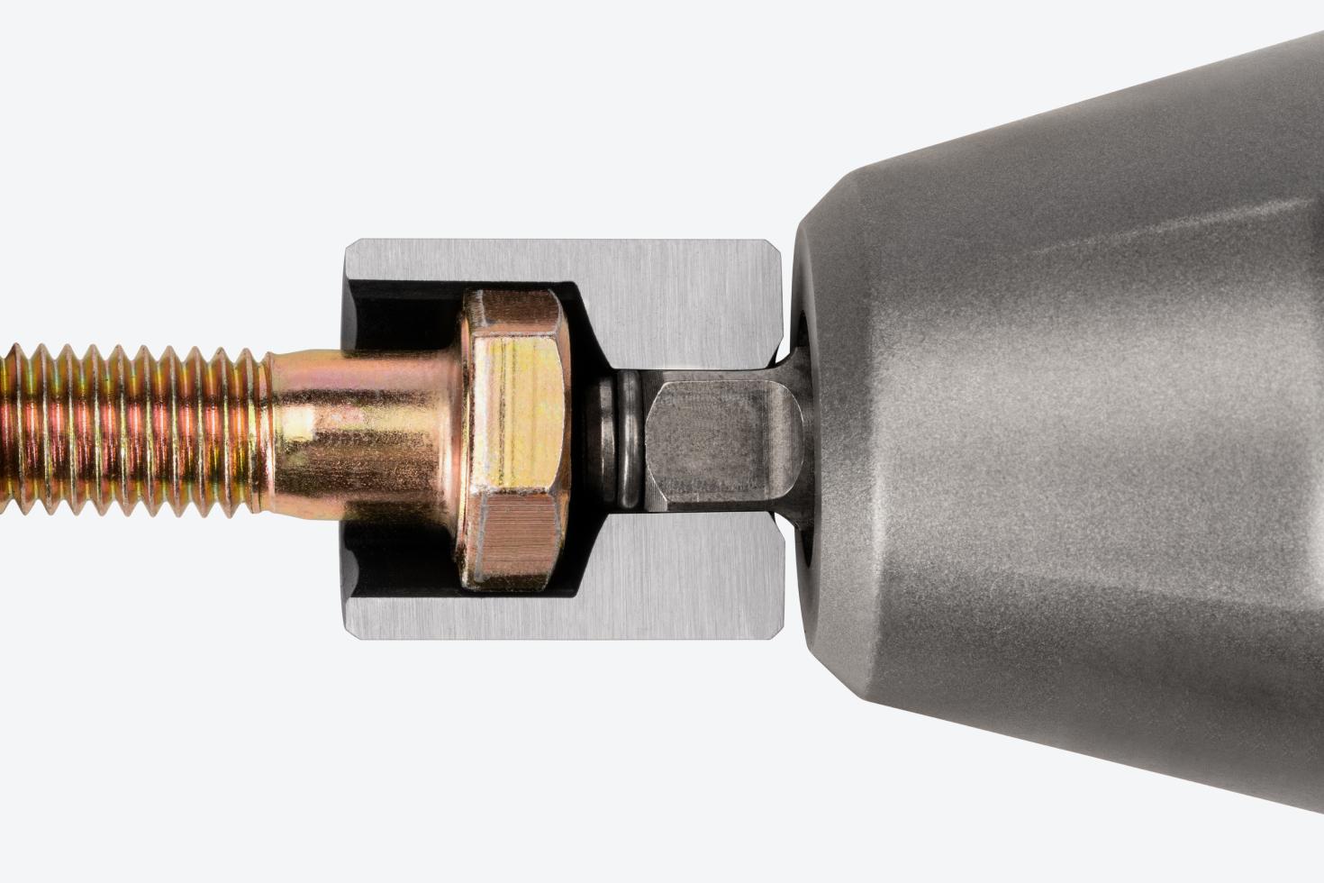 A shallow 6-point impact socket cut in half to show the full-length socket well