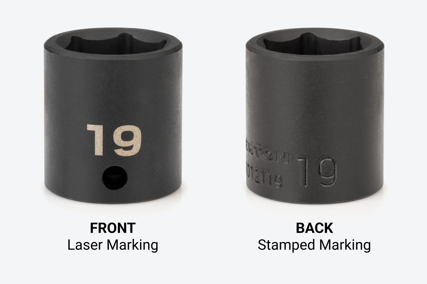 Images of the front and back of a 19 mm impact socket, showing the laser marking on the front and the stamped marking on the back