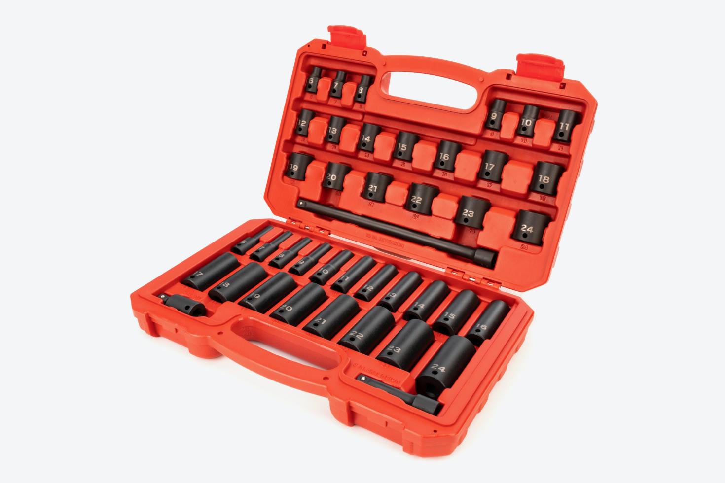 Tekton impact socket set #SID91401 in a red blow mold case.