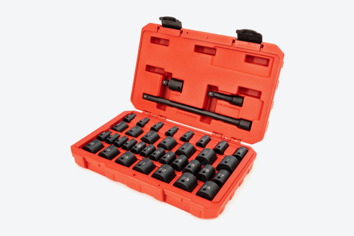 Tekton impact socket set #SID91402 in a red blow mold case.
