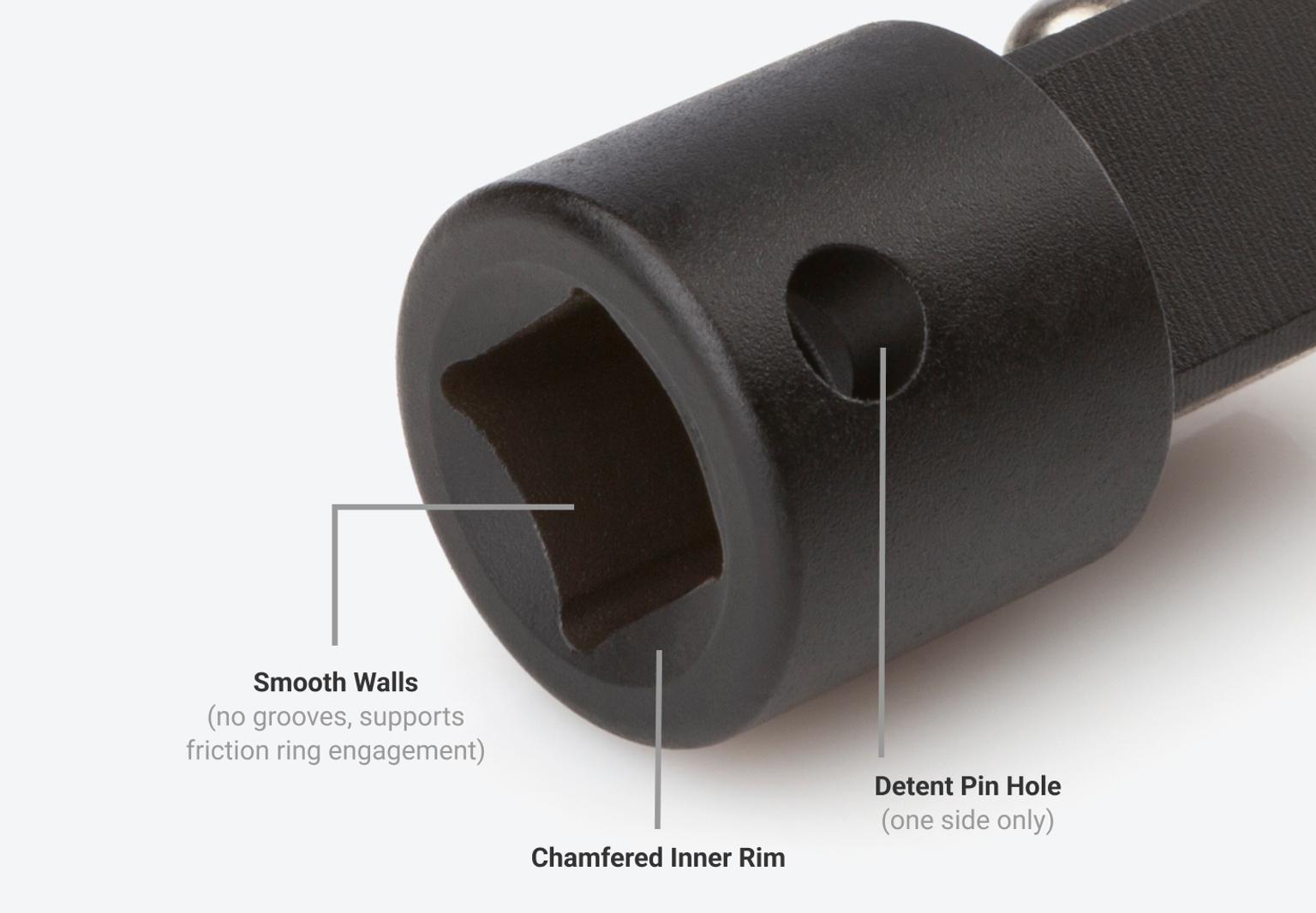 Smooth walls support friction ring engagement, and detent pin hole supports use with detent pin anvil.