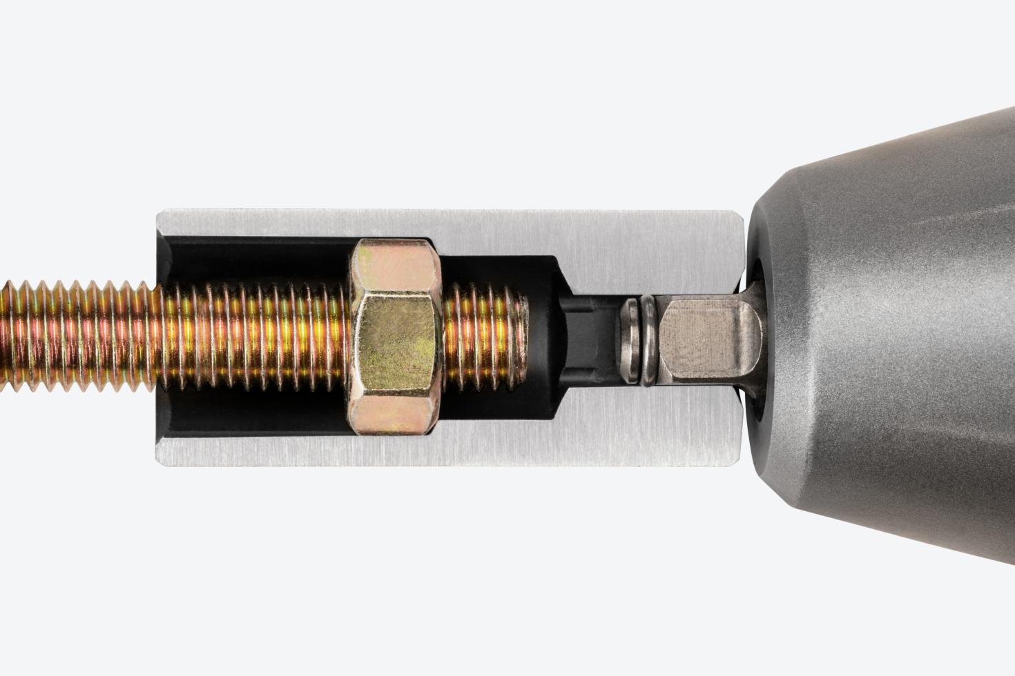 A deep 6-point impact socket cut in half to show the full-length socket well