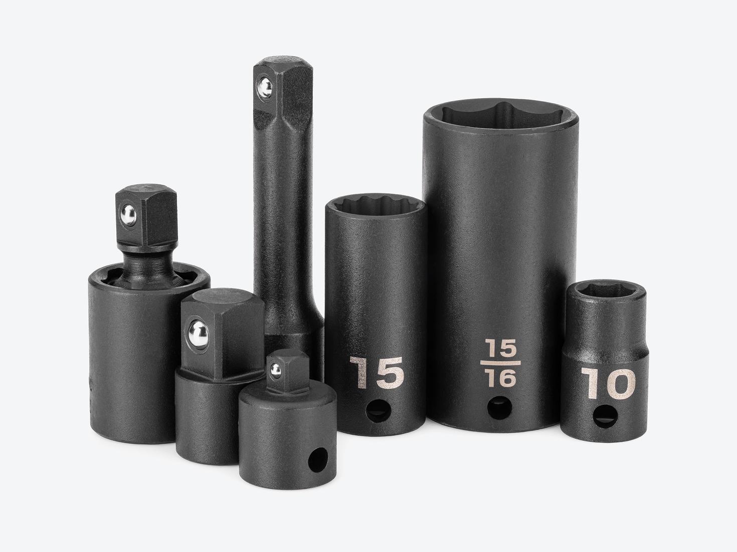 Tekton 3/8 inch drive impact sockets and accessories on a light gray background.