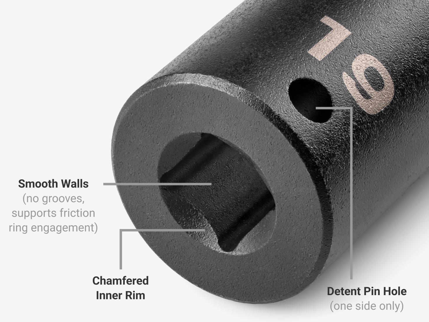 The square end of a 19 mm impact socket, with smooth walls, chamfered inner rim, and detent pin hole labeled