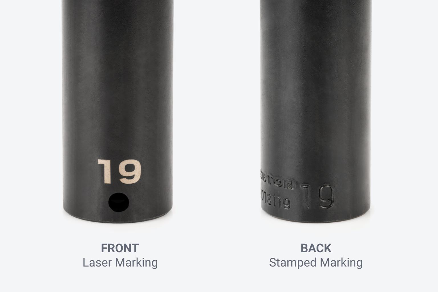 The front of the socket has a laser-marked size marking, the back has a stamped size marking