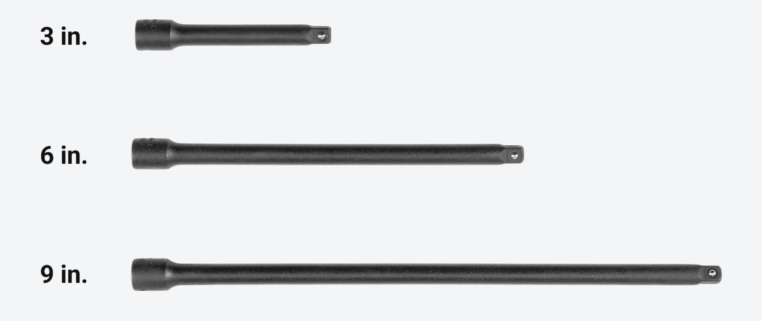 Set includes 3, 6, and 9 inch impact extensions.