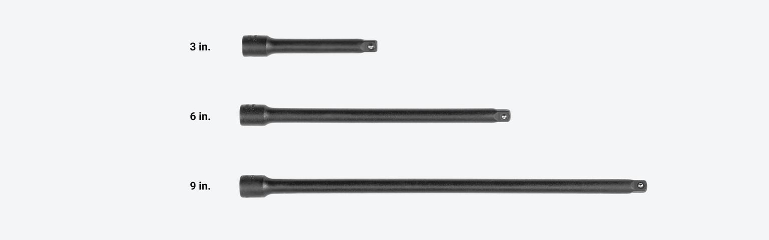 Set includes 3, 6, and 9 inch impact extensions.