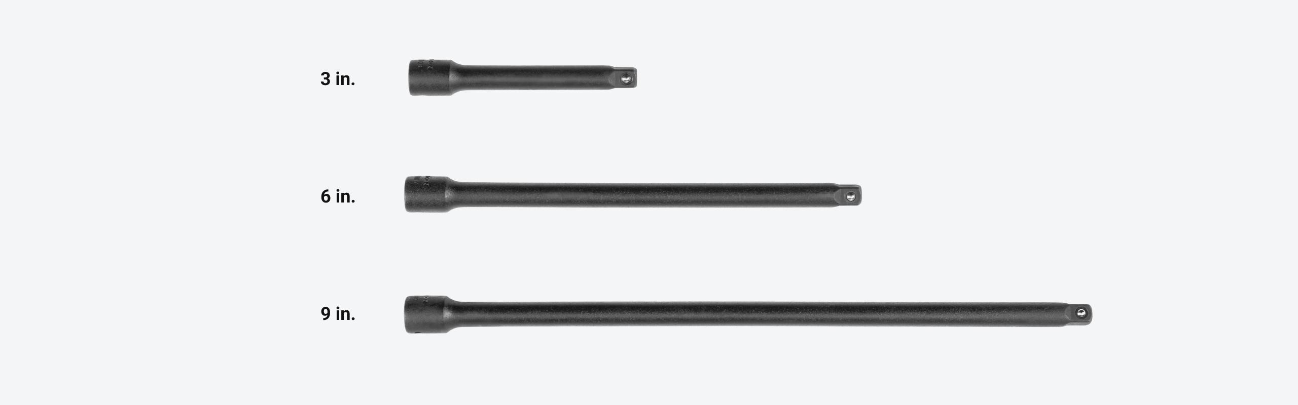 Set includes 3, 6, and 9 inch impact extensions.