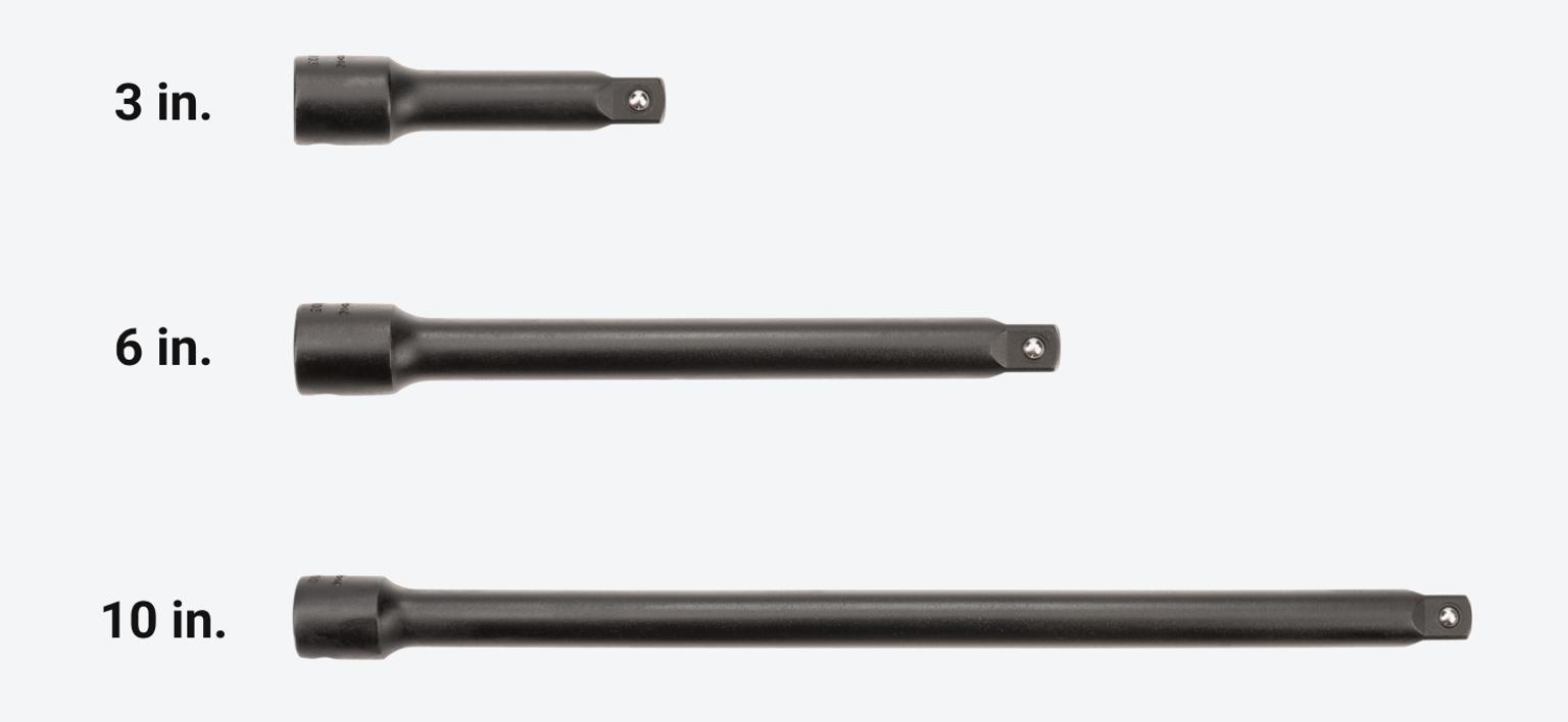 Set includes 3, 6, and 10 inch impact extensions.