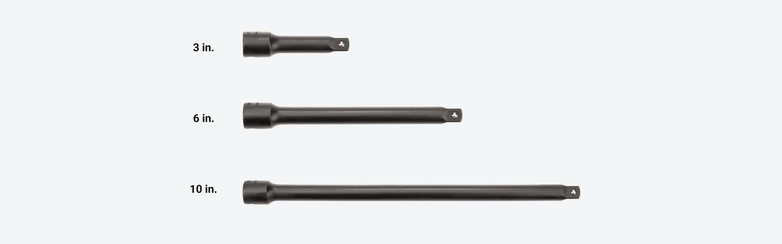 Set includes 3, 6, and 10 inch impact extensions.