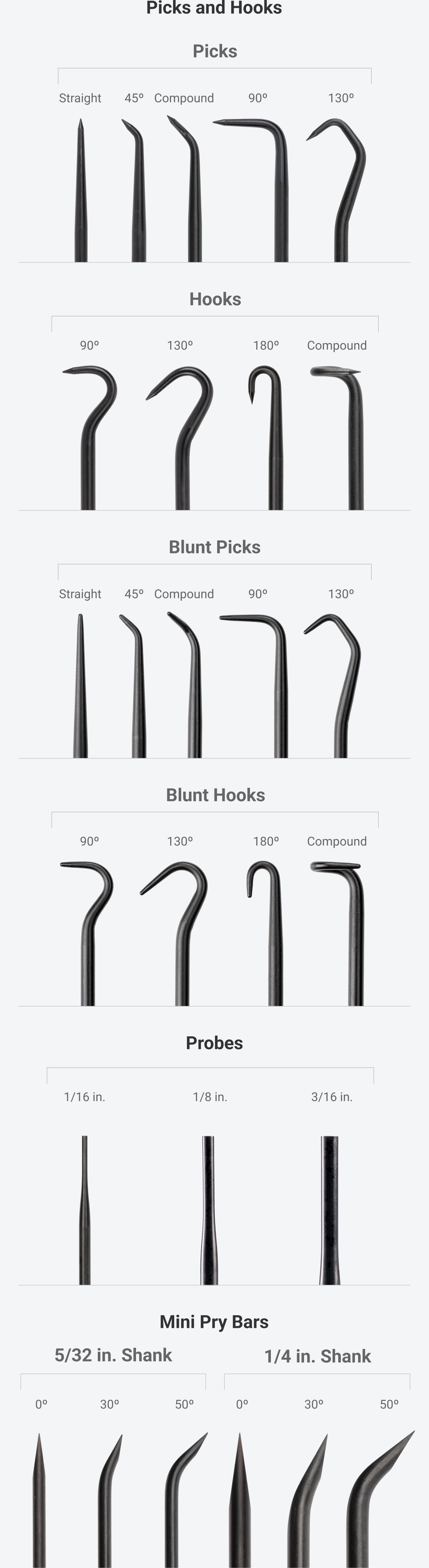 A close up of Tekton’s pick and hook set including probes, picks, hooks, blunt picks, blunt hooks, and mini pry bars end.