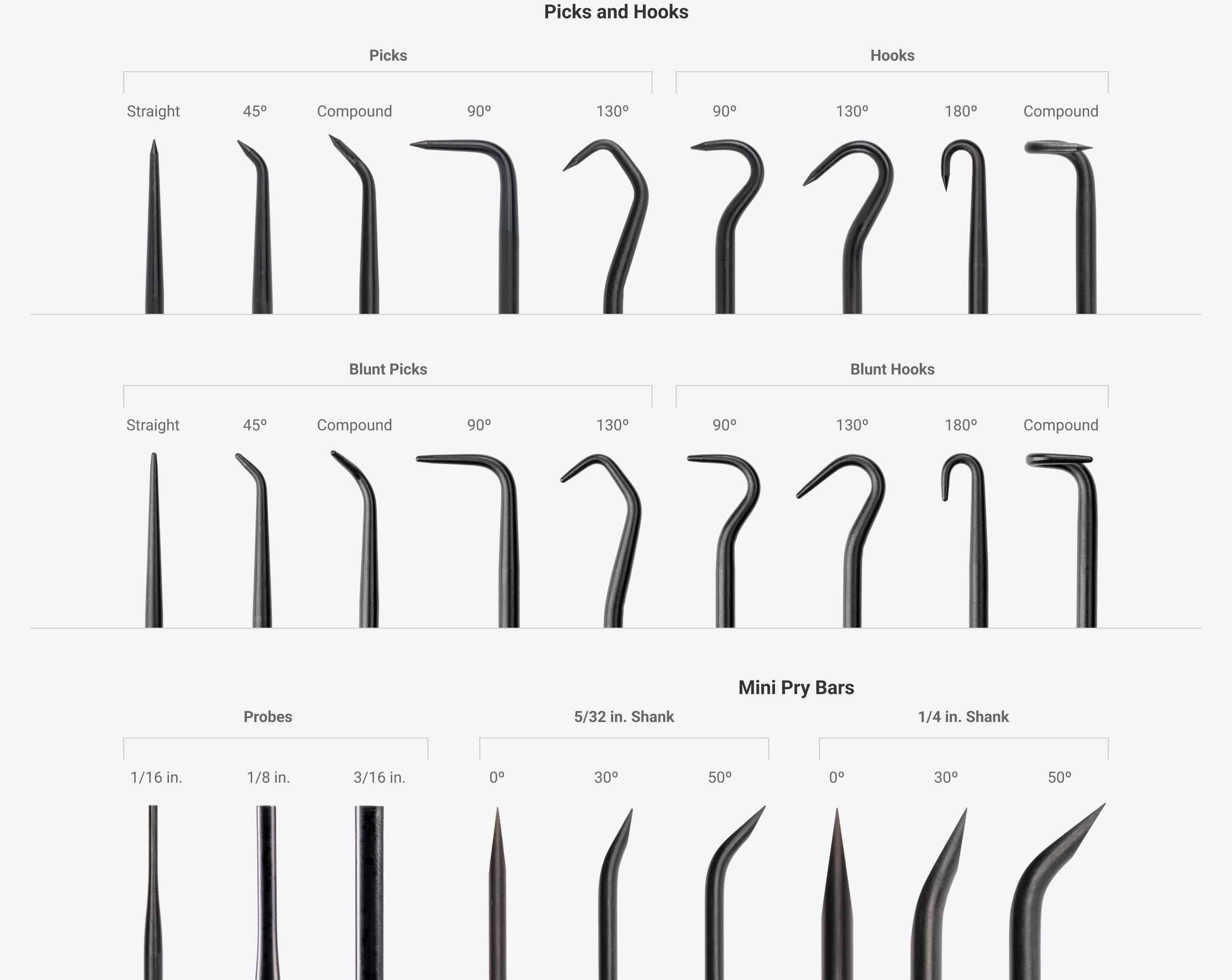A close up of Tekton’s pick and hook set including probes, picks, hooks, blunt picks, blunt hooks, and mini pry bars end.