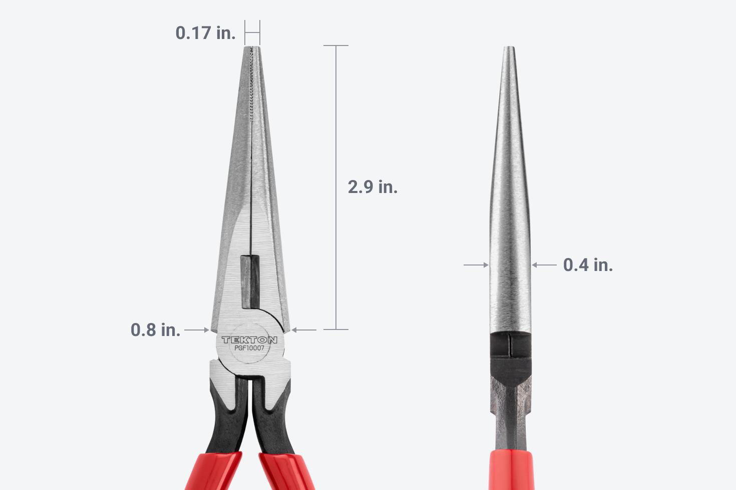 The tip is 0.17 inches and the jaws are 2.9 inches long and 0.8 inches wide at the base.