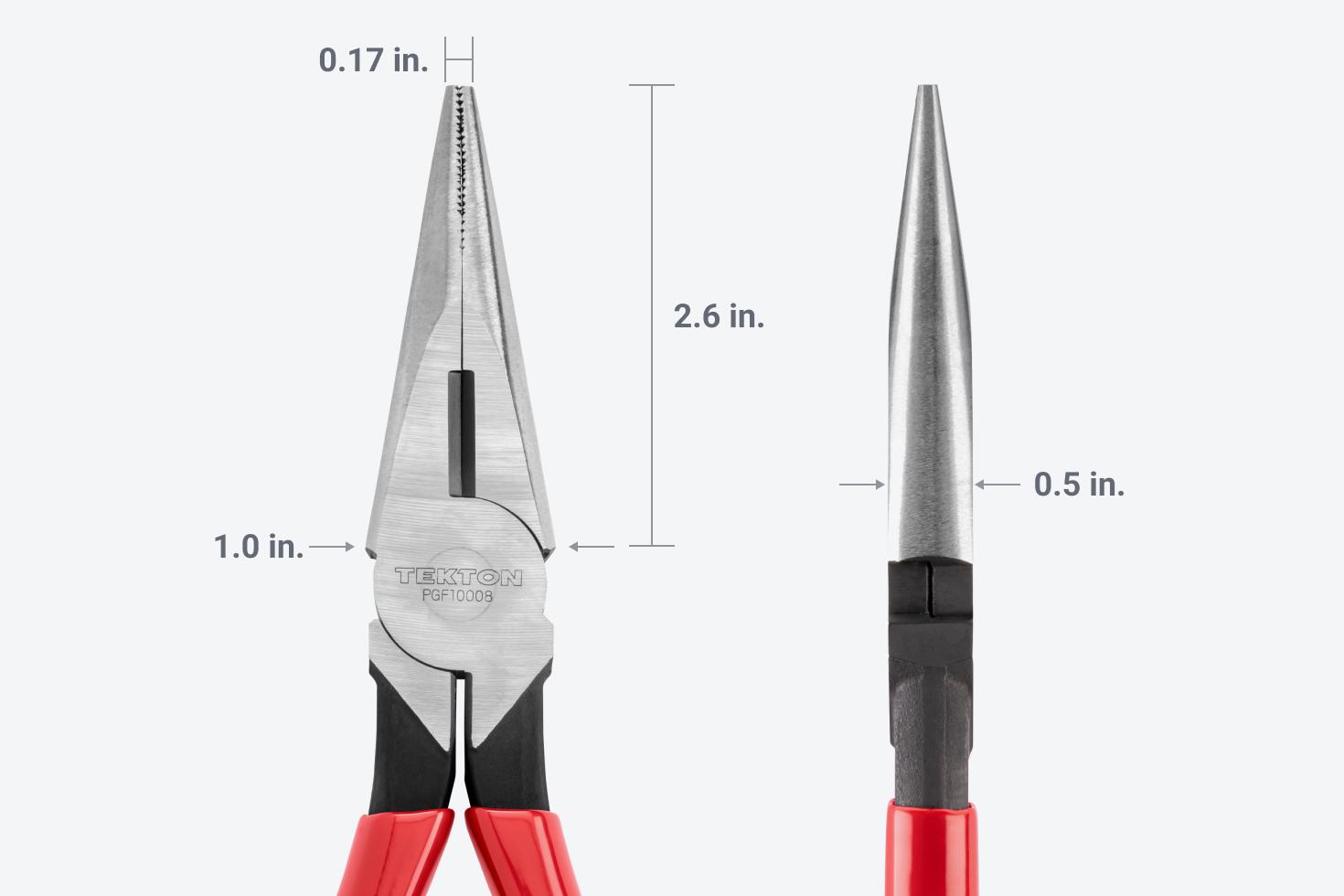 The tip is 0.17 inches and the jaws are 2.6 inches long and 1 inch wide at the base.