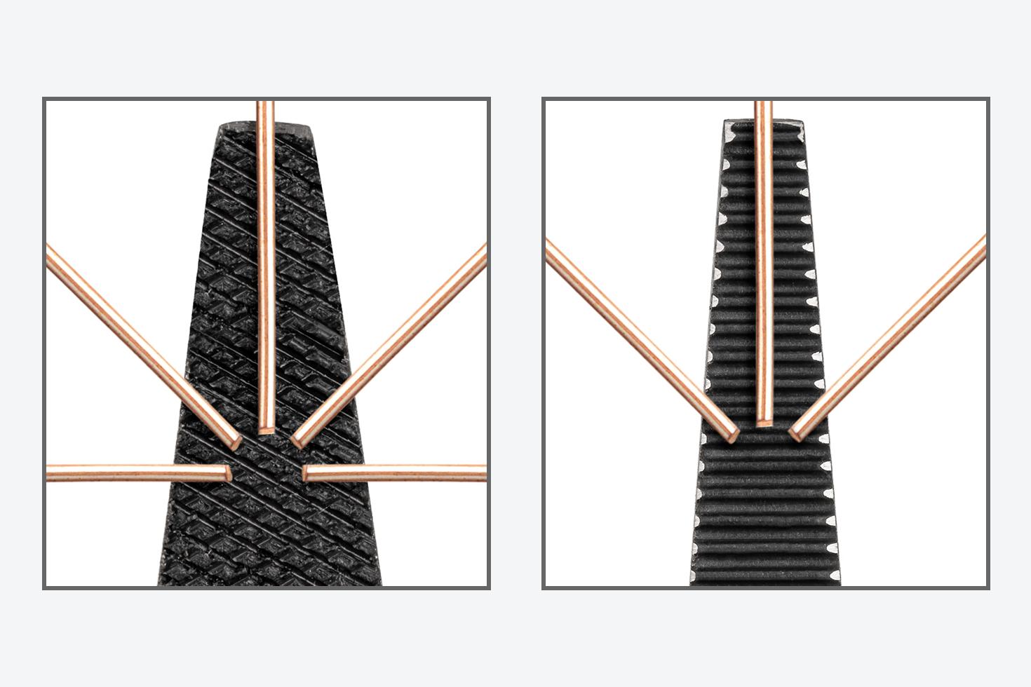 Image comparing crosscut teeth and straight serrations