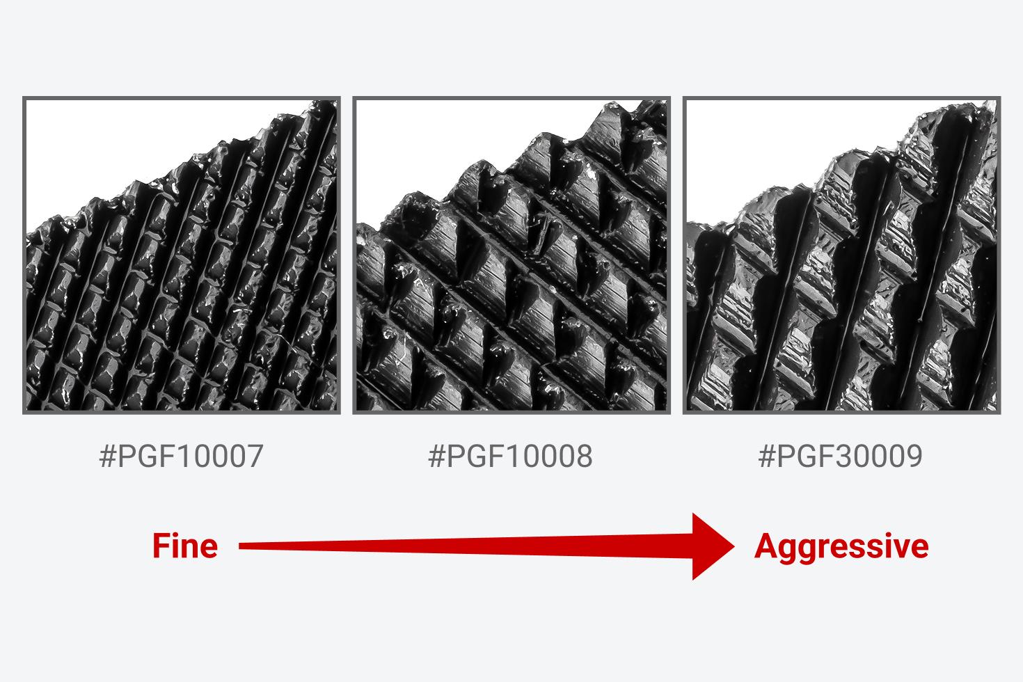Graphic comparing the tooth types of PGF10007 (fine), PGF10008, and PGF30009 (aggressive
