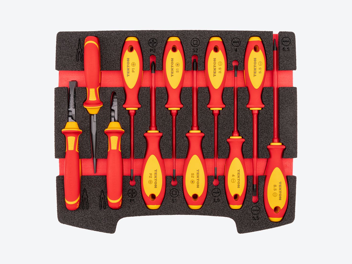 Insulated pliers and screwdrivers in black and red foam. Tekton set #OLB94901.
