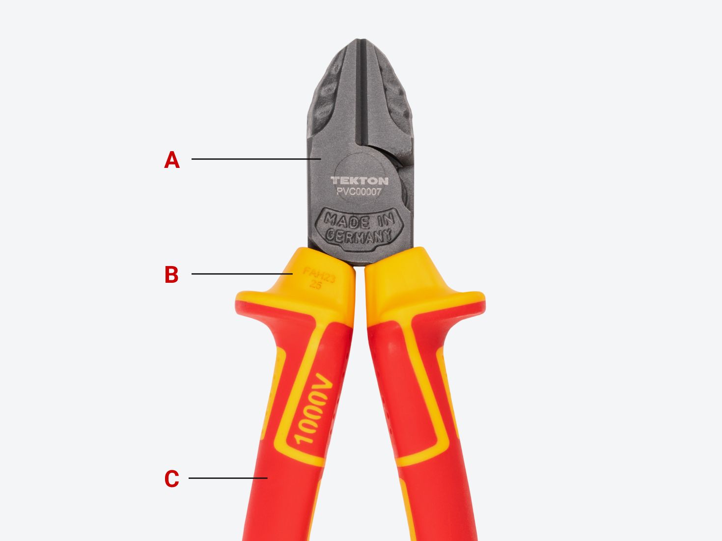 Tekton insulated diagonal cutting pliers #PVC00007 with areas of the pliers labeled.