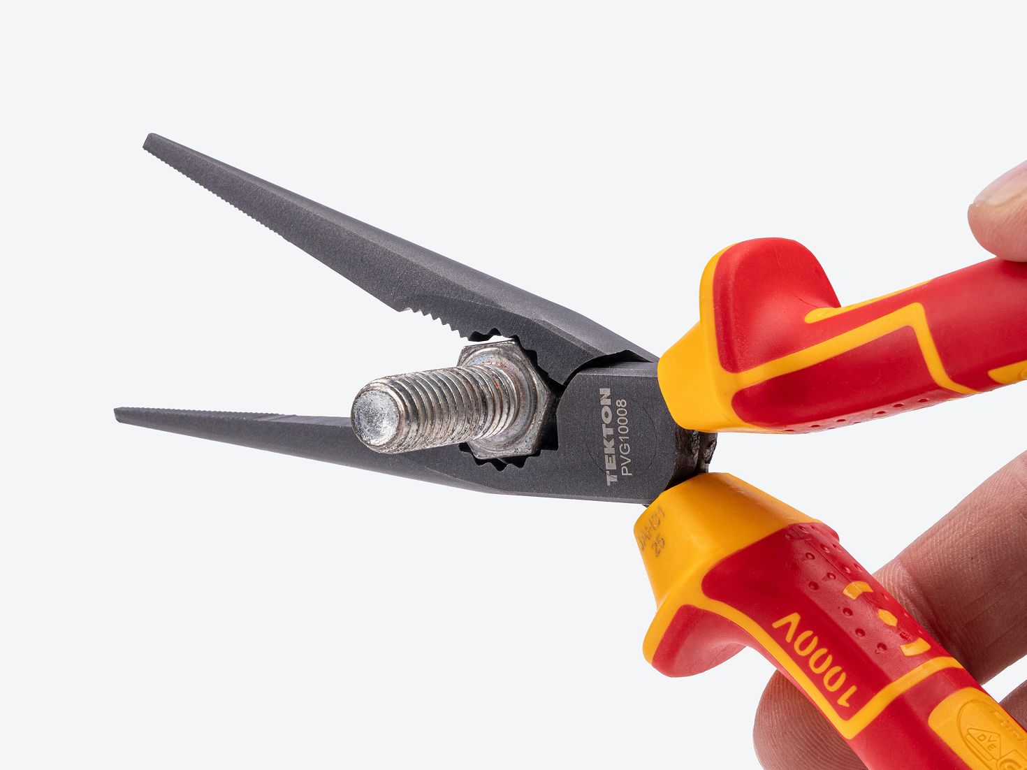 Tekton insulated long nose pliers #PVG10008 holding a hex bolt.