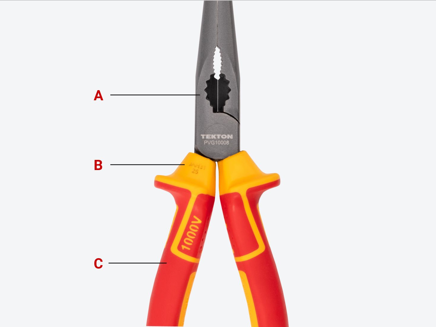 Tekton insulated long nose pliers #PVG10008 with areas of the pliers labeled.