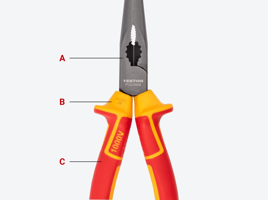 Tekton insulated long nose pliers #PVG10008 with areas of the pliers labeled.