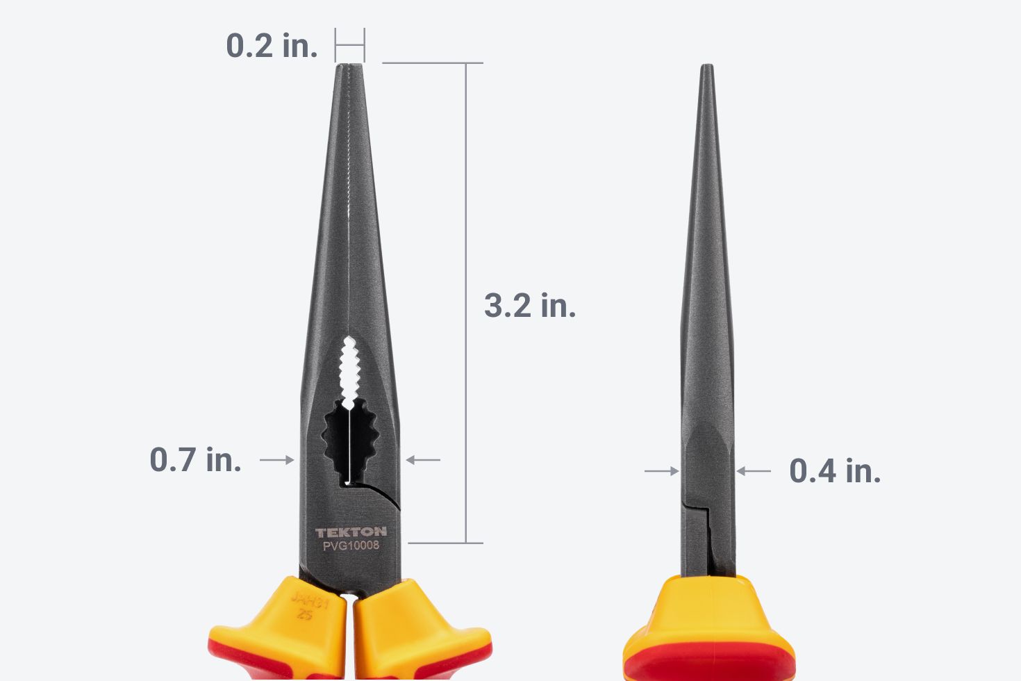 Tekton insulated long nose pliers are 3.2 inches long, 0.7 inches wide at the joint, and 0.2 inches wide at the tips.