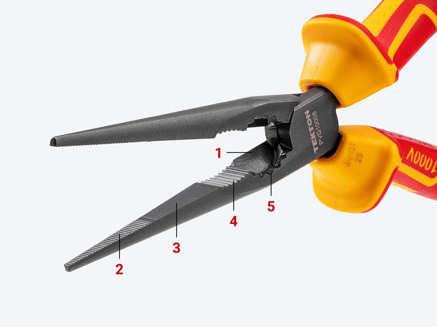 Tekton insulated long nose pliers #PVG10008 with areas of the jaw labeled.