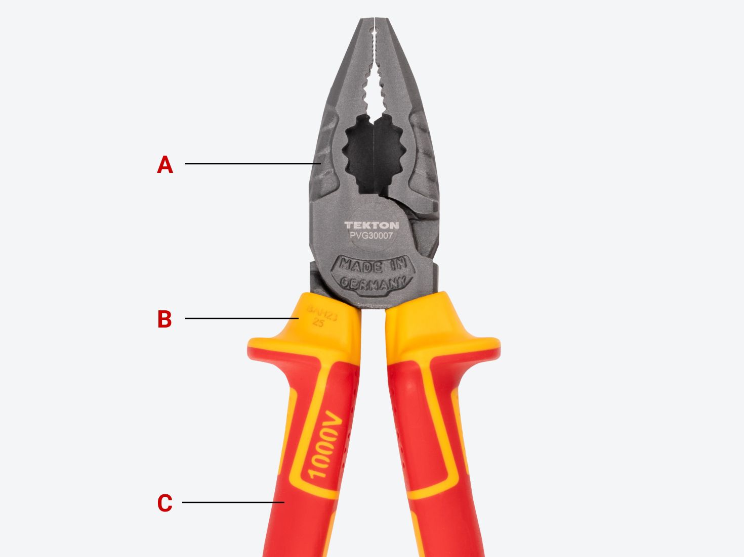 Tekton insulated combination pliers #PVG30007 with areas of the pliers labeled.