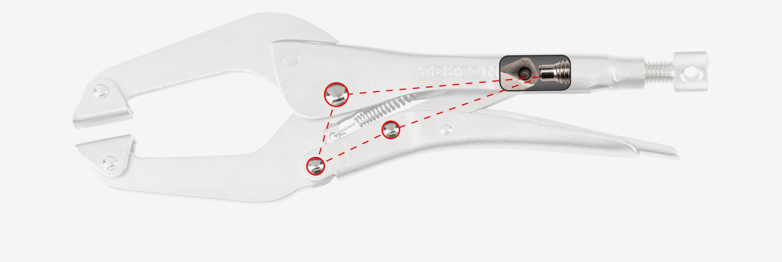 Graphic showing how the rivets on a Tekton locking clamp work together.
