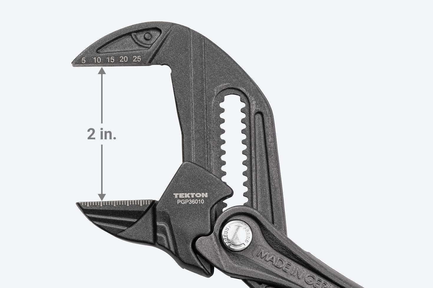 2 inch label on the open jaw of a pliers wrench