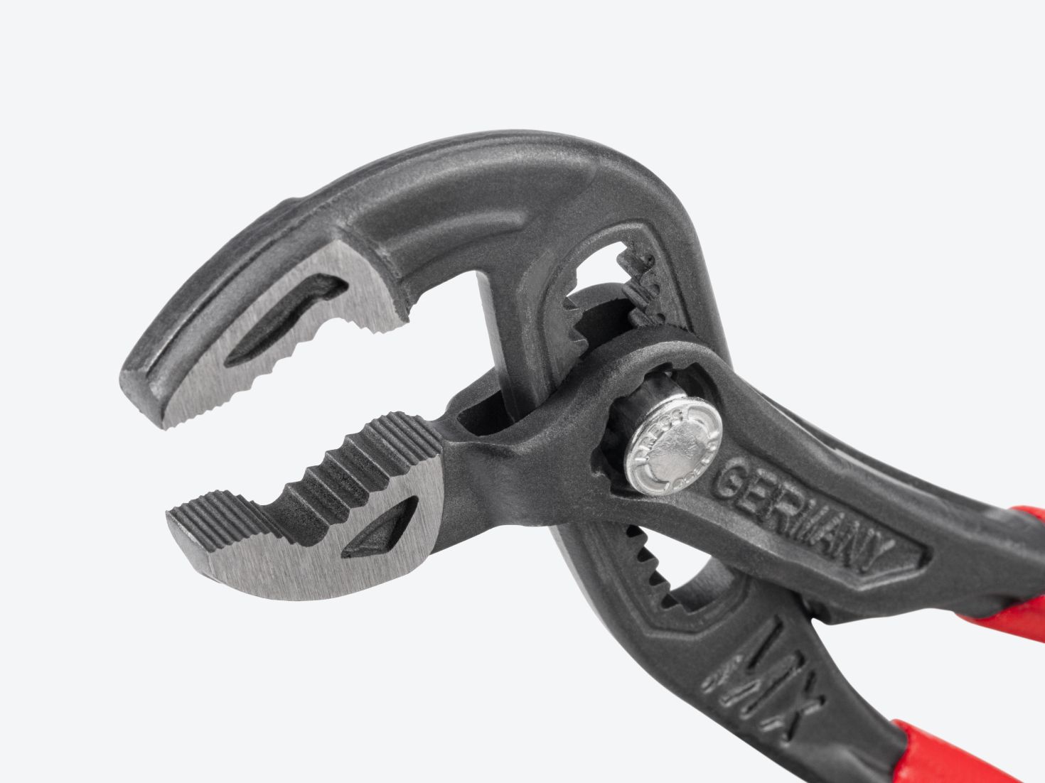 Close-up view of the teeth on the pliers.