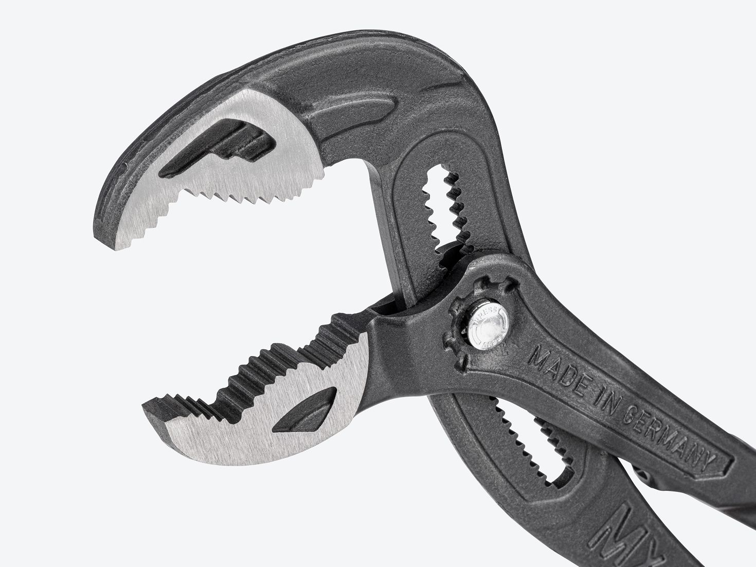 Close-up view of the teeth on the pliers.