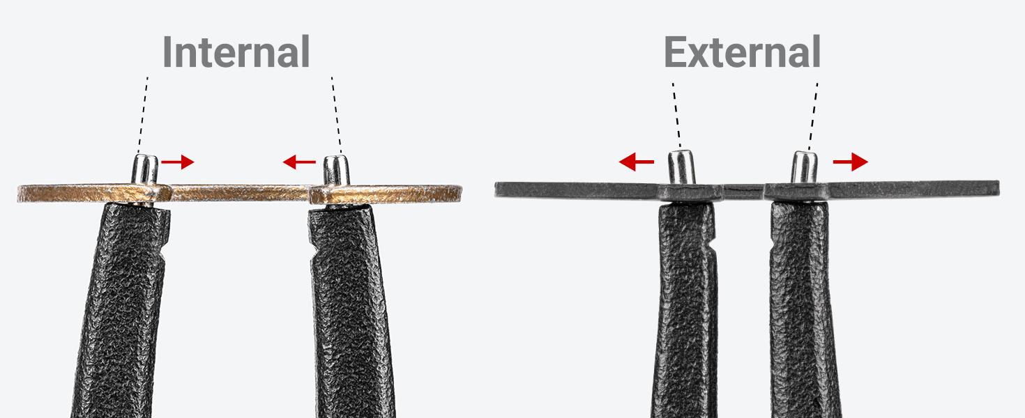Graphic showing how the tips of both the internal and external retaining ring pliers are angled to hold the ring in place.