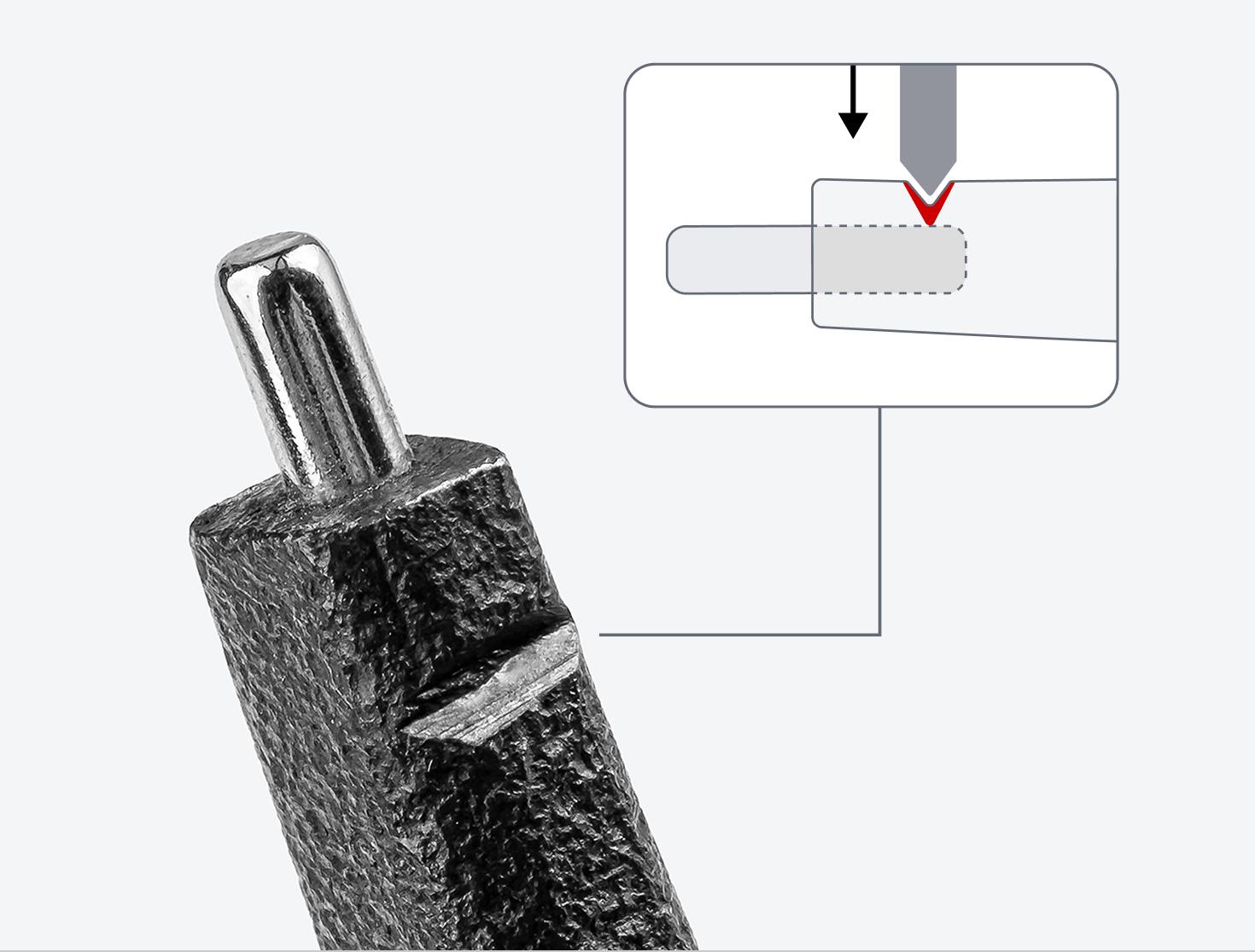 Close-up image of the tip of the pliers with a graphic showing how the tips are crimped into the jaw.