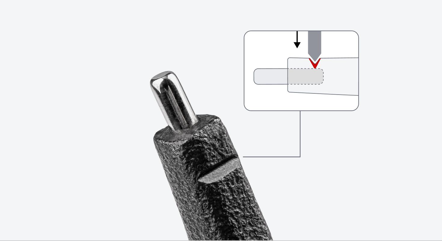 Close-up image of the tip of the pliers with a graphic showing how the tips are crimped into the jaw.