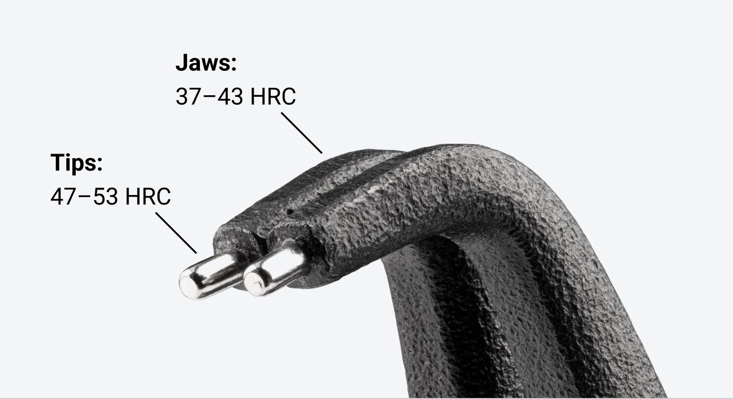 The tips are hardened to 47–53 HRC, the jaws are hardened to 37–43 HRC.