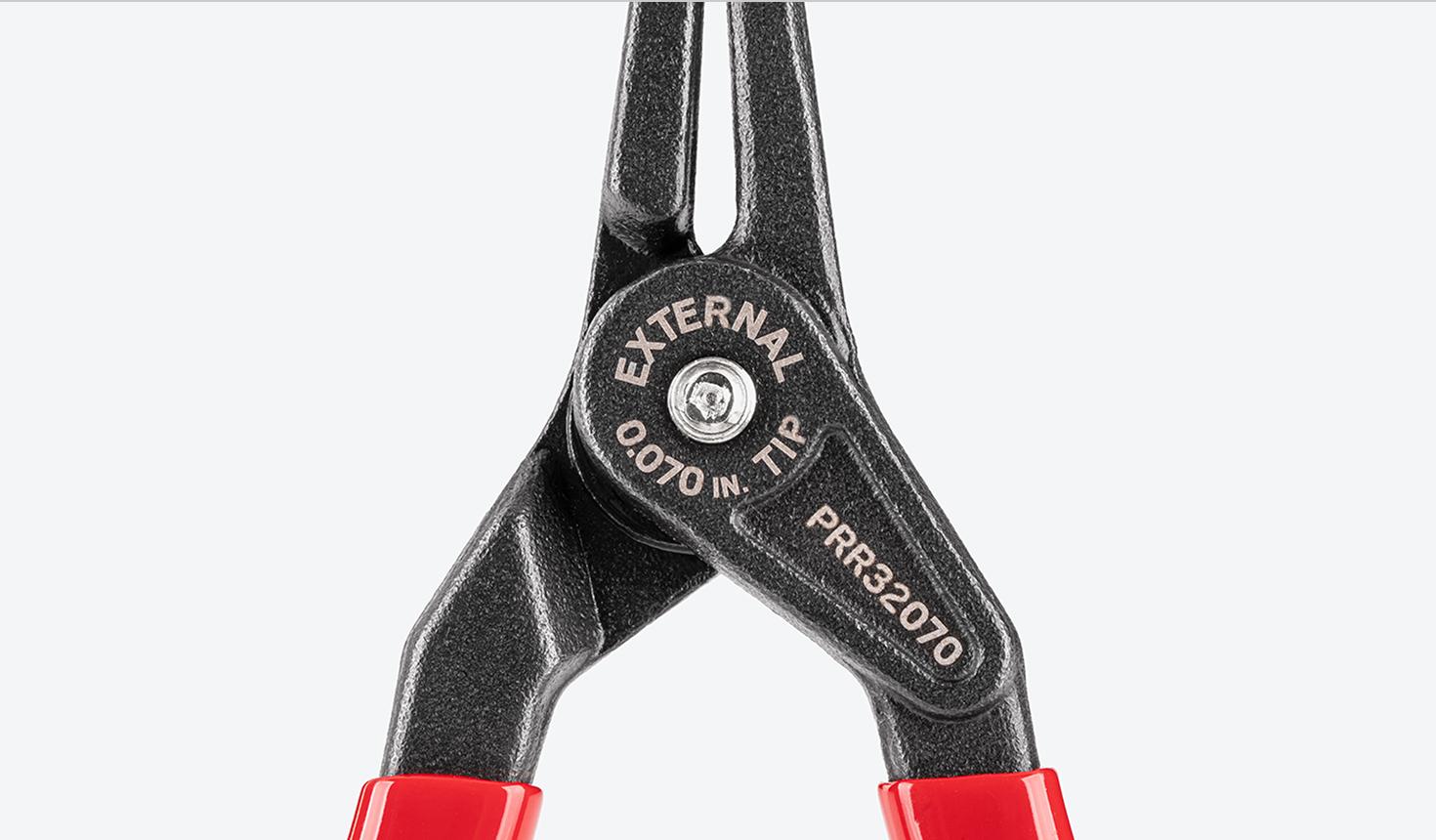 Close-up view of the markings on an external retaining ring pliers.