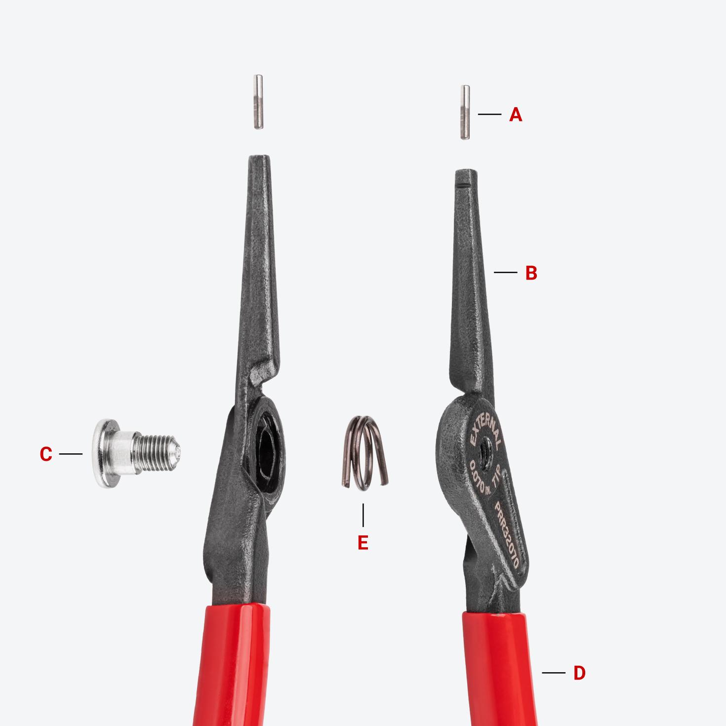 Exploded view of internal retaining ring pliers, with each part labeled.