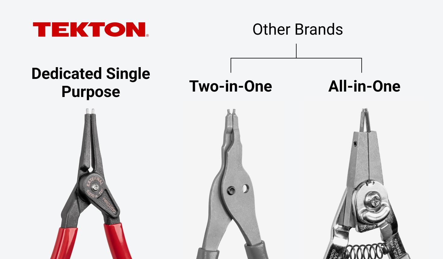 Comparison between a Tekton retaining ring pliers and two-in-one and all-in-one retaining ring pliers.