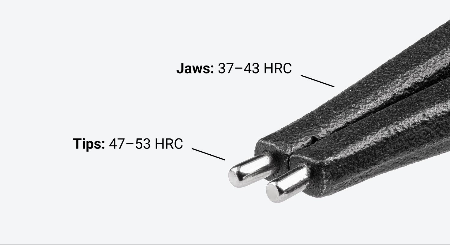 The tips are hardened to 47–53 HRC, the jaws are hardened to 37–43 HRC.
