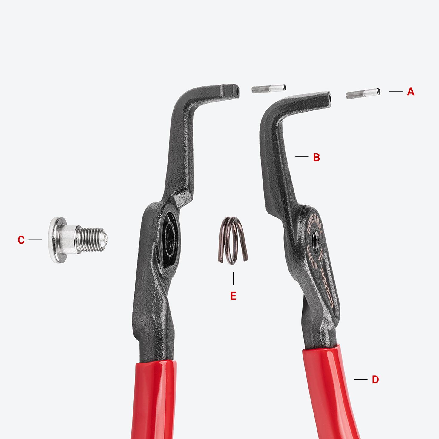 Exploded view of internal retaining ring pliers, with each part labeled.