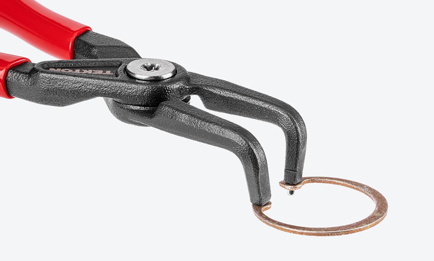 Close-up image of the slim jaws of Tekton retaining ring pliers.