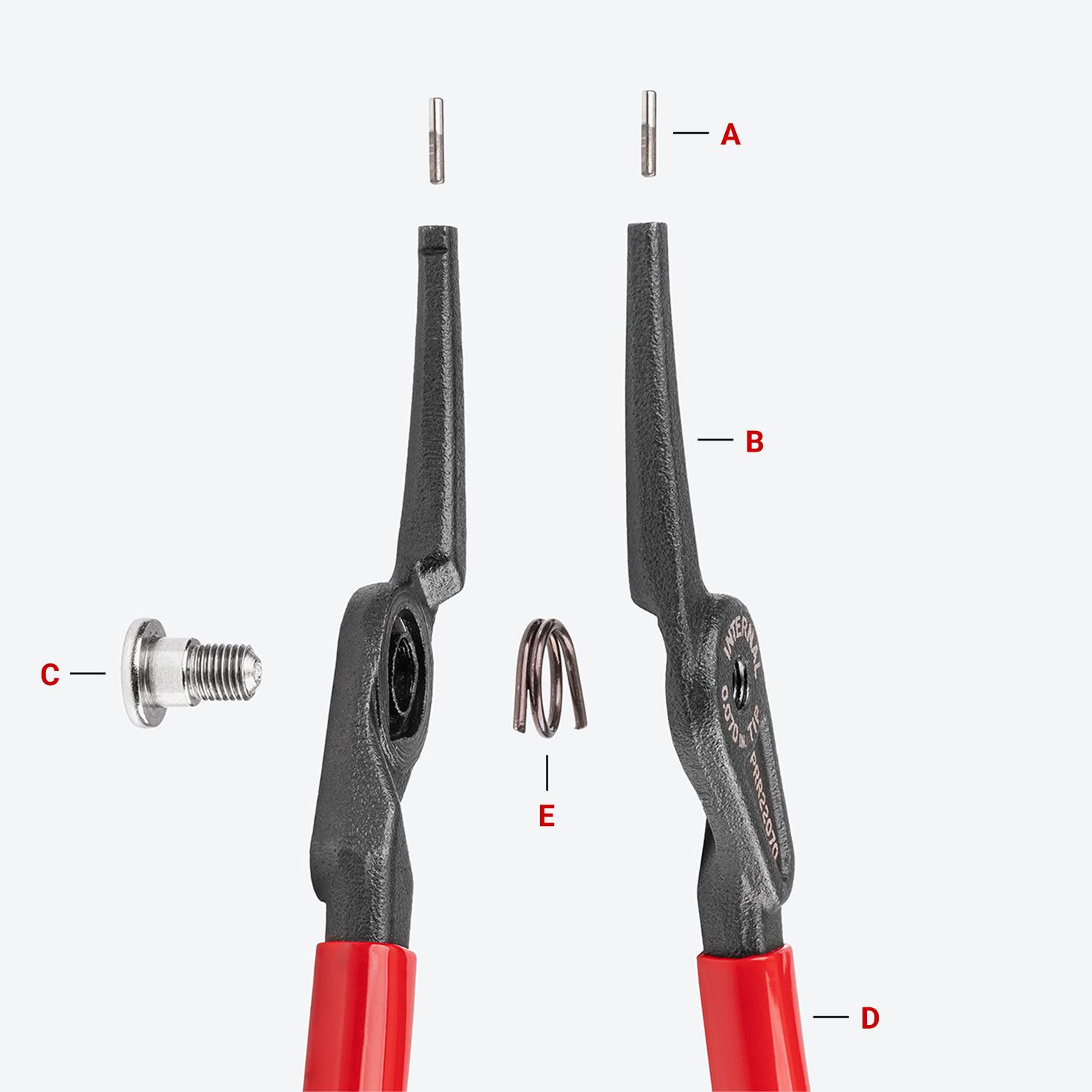 Exploded view of internal retaining ring pliers, with each part labeled.