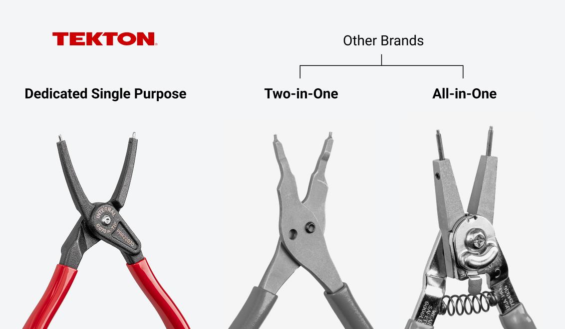 Comparison between a Tekton retaining ring pliers and two-in-one and all-in-one retaining ring pliers.