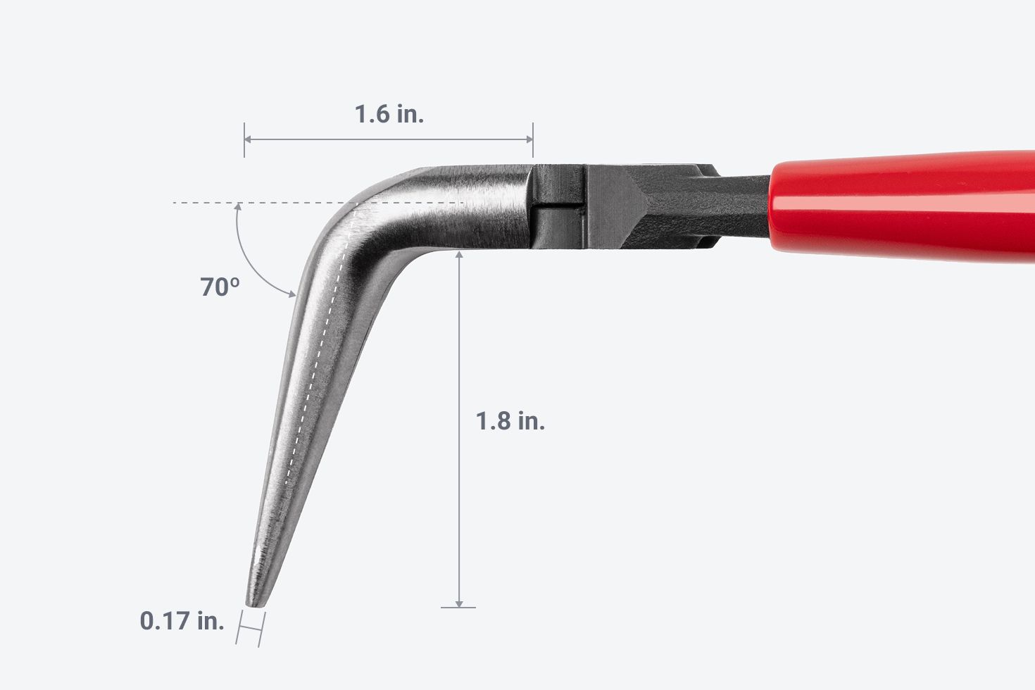The tip is 0.17 inches and the jaws extend 1.8 inches from the handle.